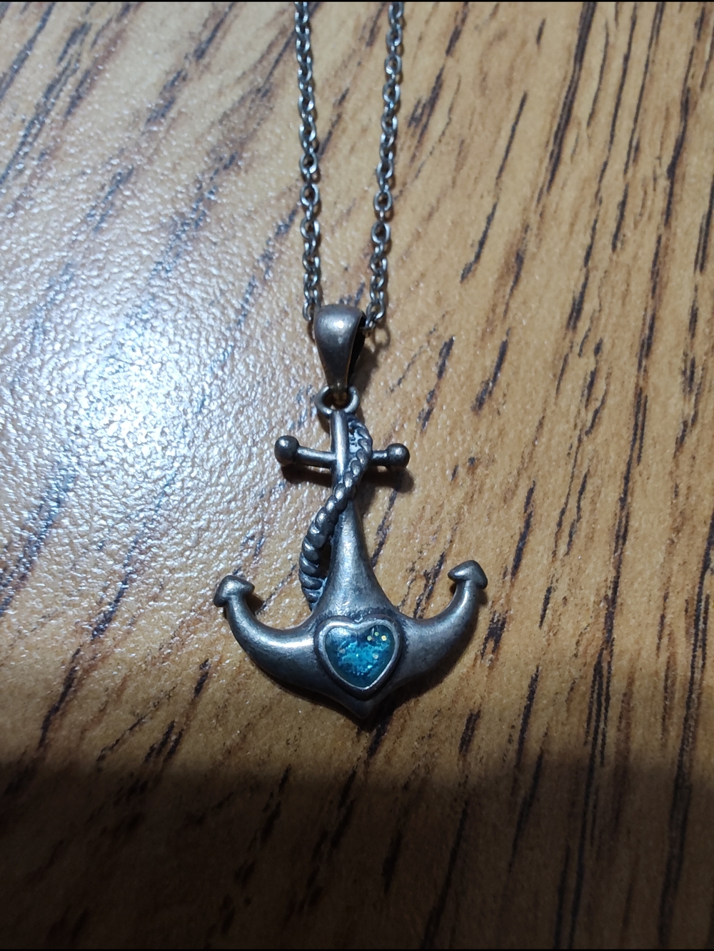 Silver Anchor Pendant Necklace with Blue Heart Accent